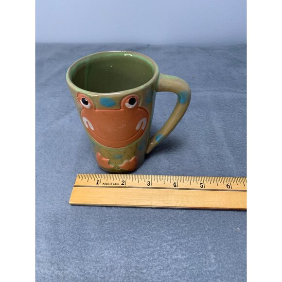 Handmade 1980s Frog Face Ceramic Mug with Blue Polka Dots & Green/Orange Glaze - Picture 7 of 9